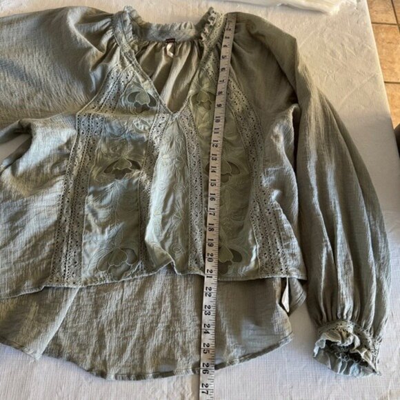 Free People Sivan Embroidered Top Green Puff Sleeve Blouse with Ruffled Small - Picture 9 of 16